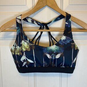 Icyzone Sports Bra Strappy Back Size S Black Blue Floral Print EUC